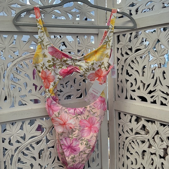 NWT Hurley X Love Shack Fancy collab. Hibiscus cheeky one piece. Yellow and pink - Picture 2 of 6